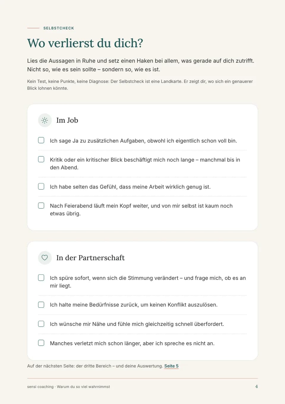Seite 4 des Ratgebers: Selbstcheck mit Aussagen zum Ankreuzen, eingeteilt in „Im Job“ und „In der Partnerschaft“.