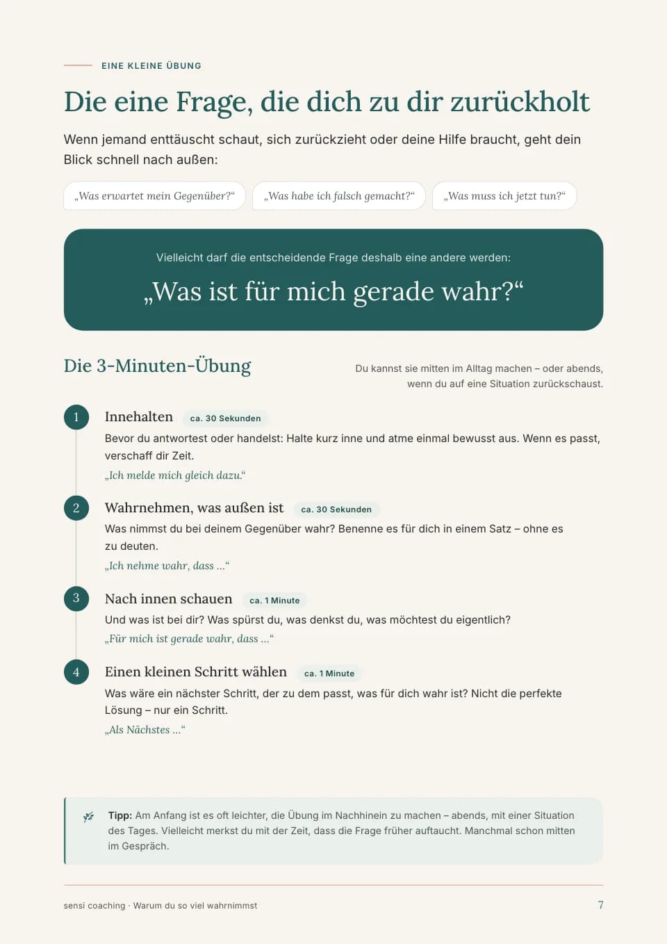 Seite 7 des Ratgebers: die Frage „Was ist für mich gerade wahr?“ und eine Übung in vier Schritten.